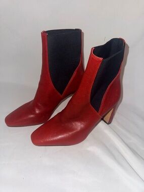 Vince Camuto Red Leather Chelsea Ankle Boots with Black Elastic